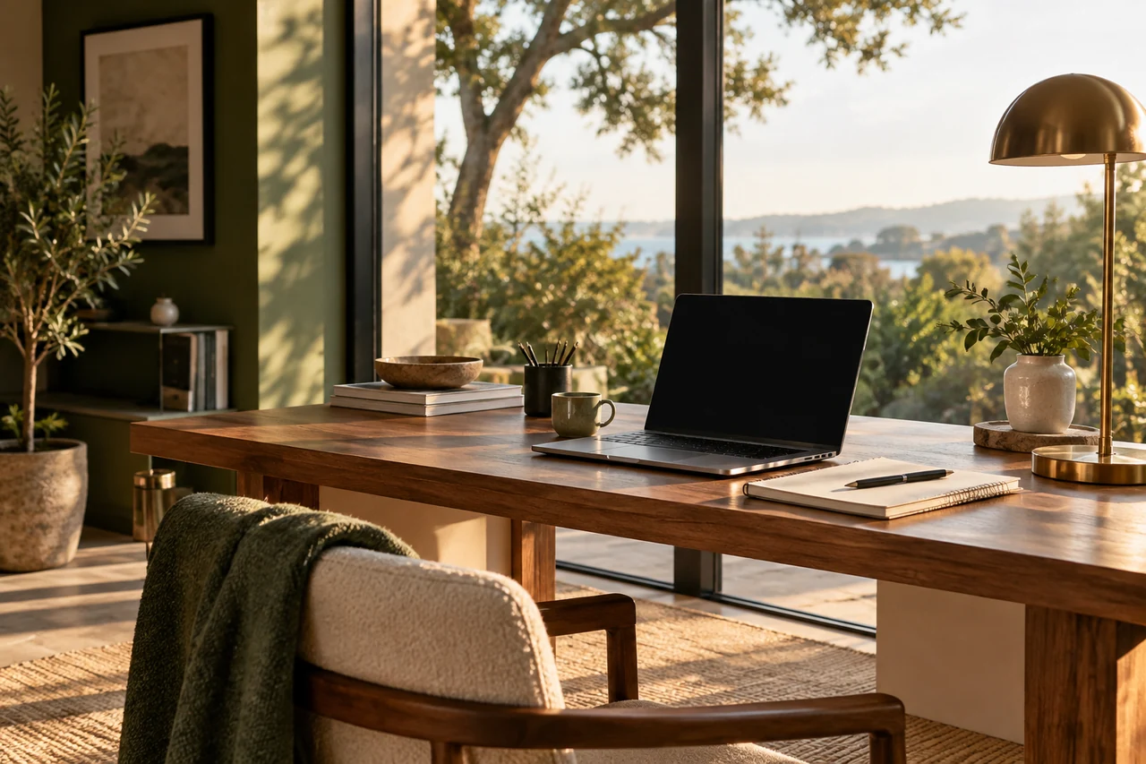 Bureau ensoleillé avec ordinateur et carnet