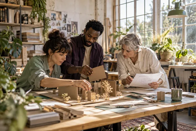 Illustration générée : trois adultes fabriquent ensemble une maquette dans un atelier lumineux
