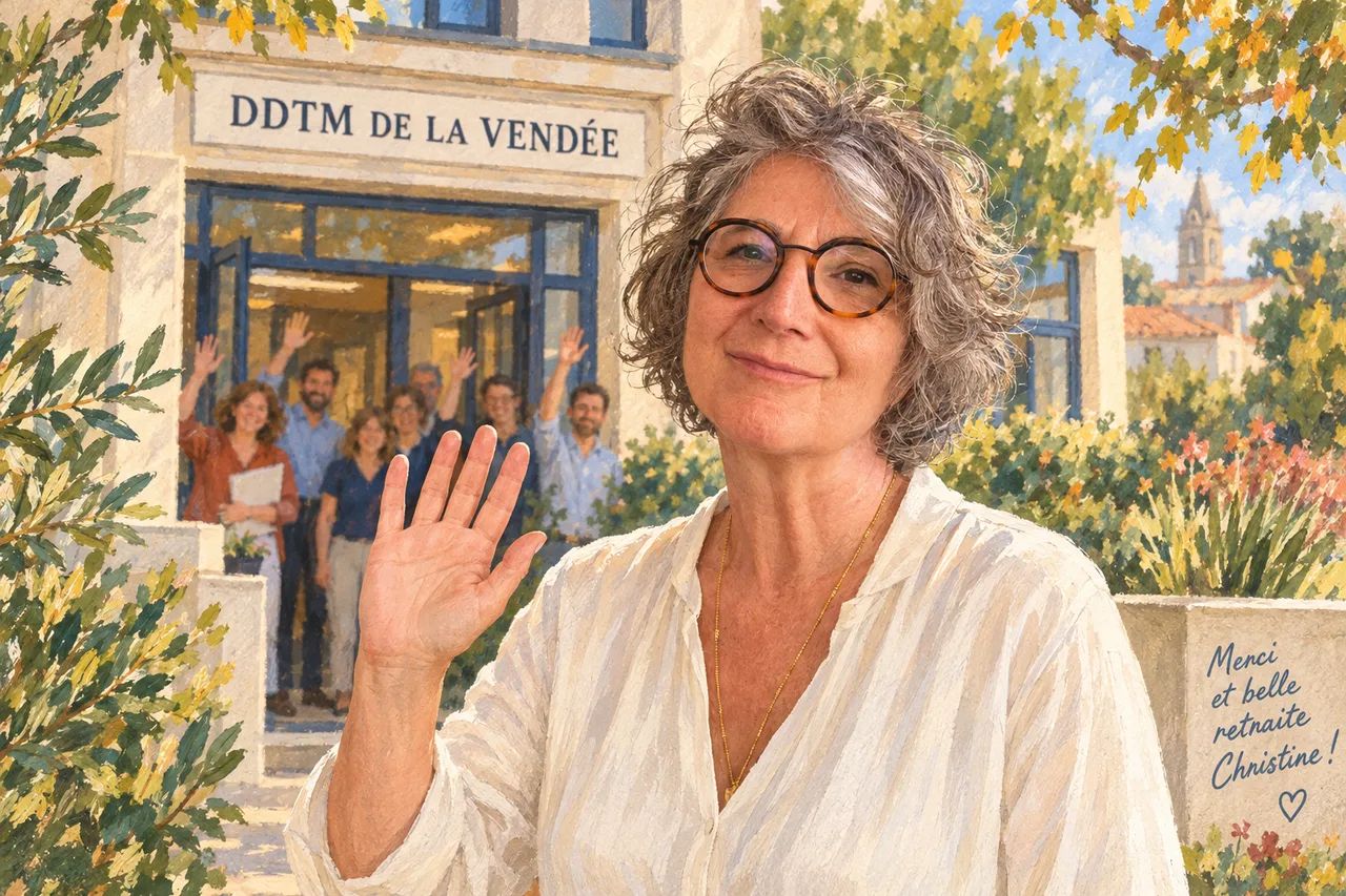 Illustration générée d’après une photo de Christine : elle salue devant une représentation de la DDTM de la Vendée.