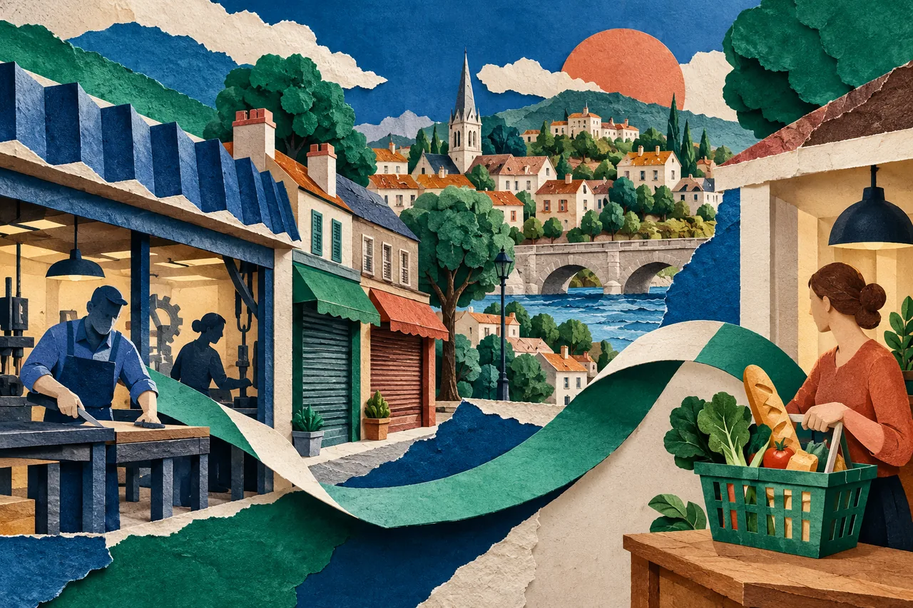 Illustration générée : ville en papier reliant emploi et dépenses quotidiennes