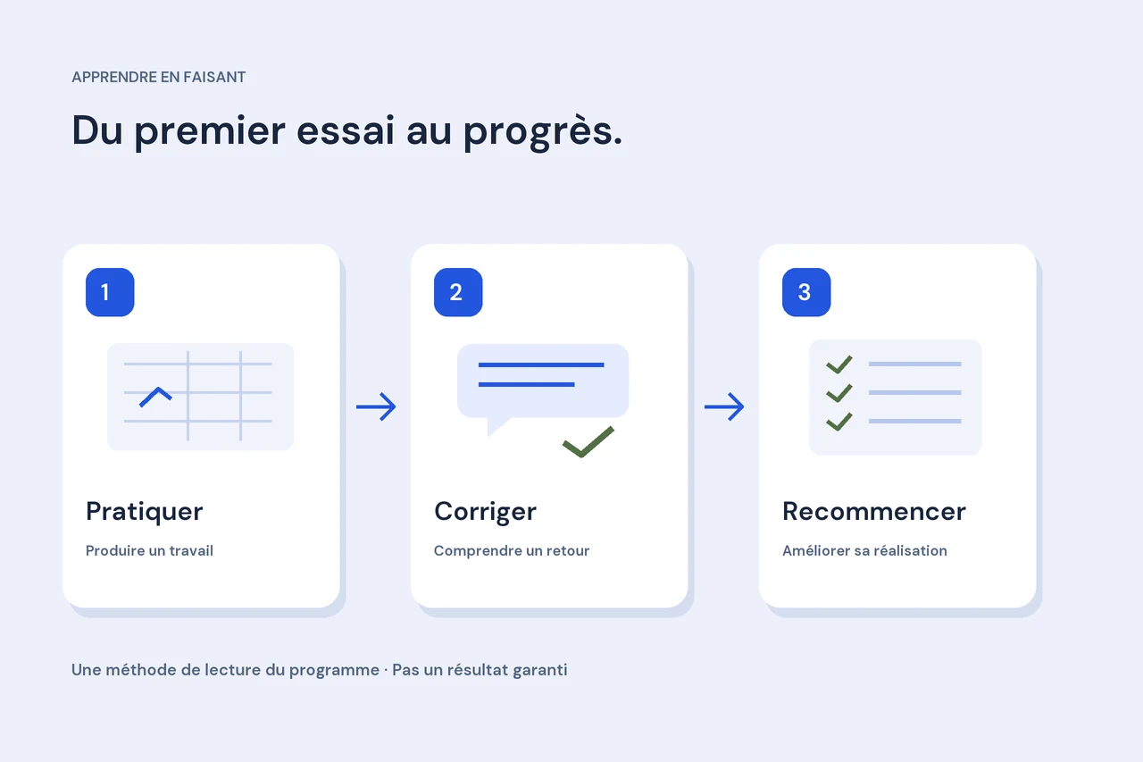 Diagramme éditorial original : pratiquer, corriger et recommencer, trois étapes reliées par des flèches