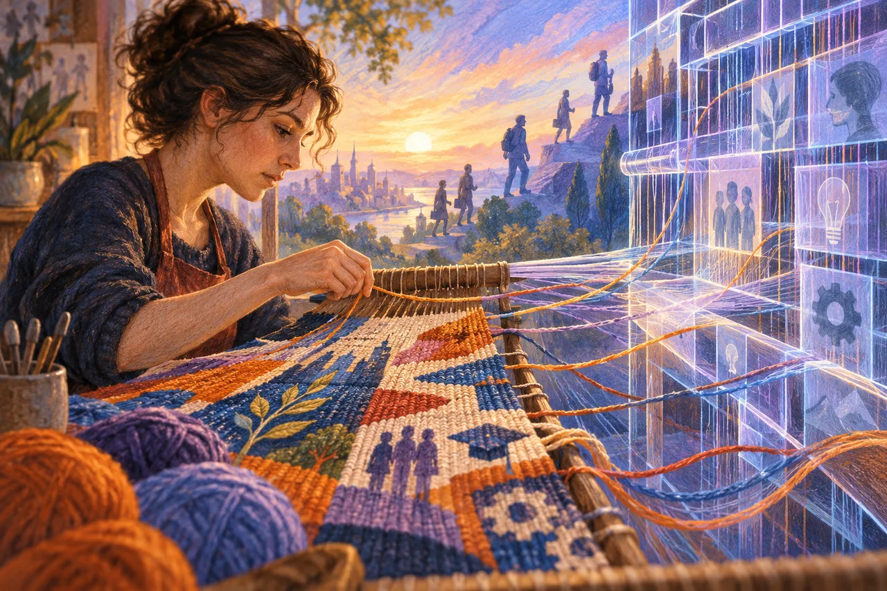 Illustration générée : geste humain et trame algorithmique pour les métiers qui évoluent