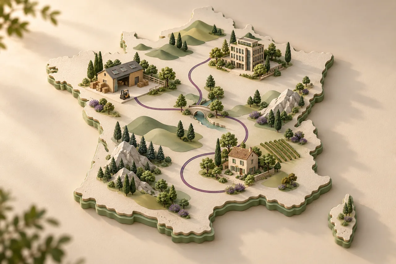 Maquette décorative générée de la France avec des lieux de travail miniatures ; sans données géographiques ou statistiques