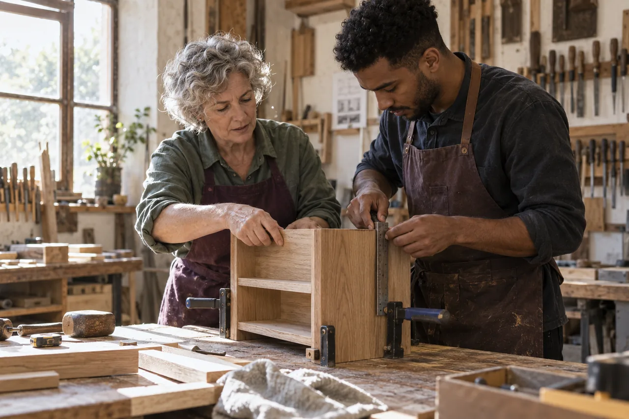 Illustration générée : deux adultes assemblent un petit meuble en bois dans un atelier